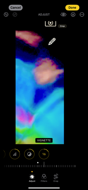 Photo editing app screenshot showing a blue and pink thermal-style gradient overlay applied to an investigation photo