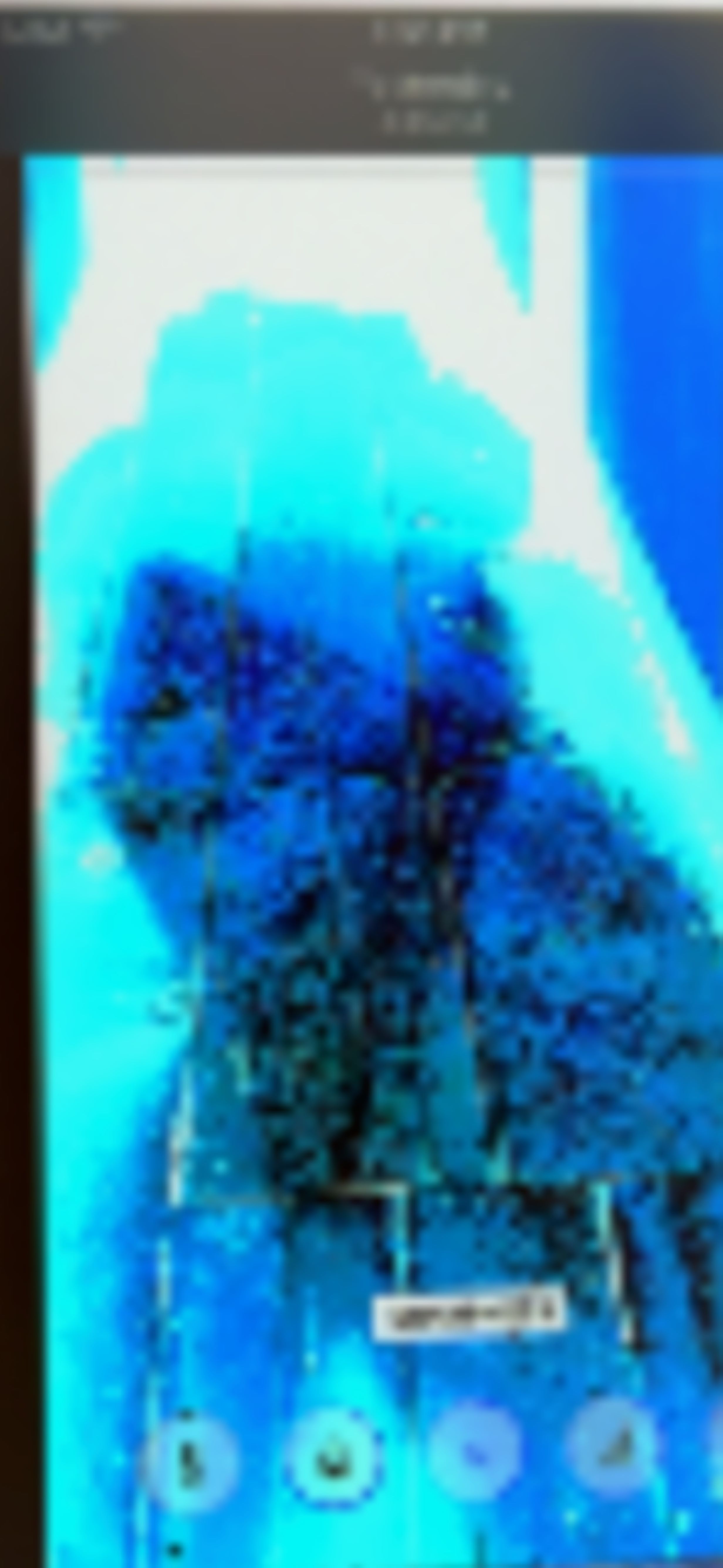 Smartphone thermal camera screenshot showing a dark blue mass against a light cyan background with an app watermark